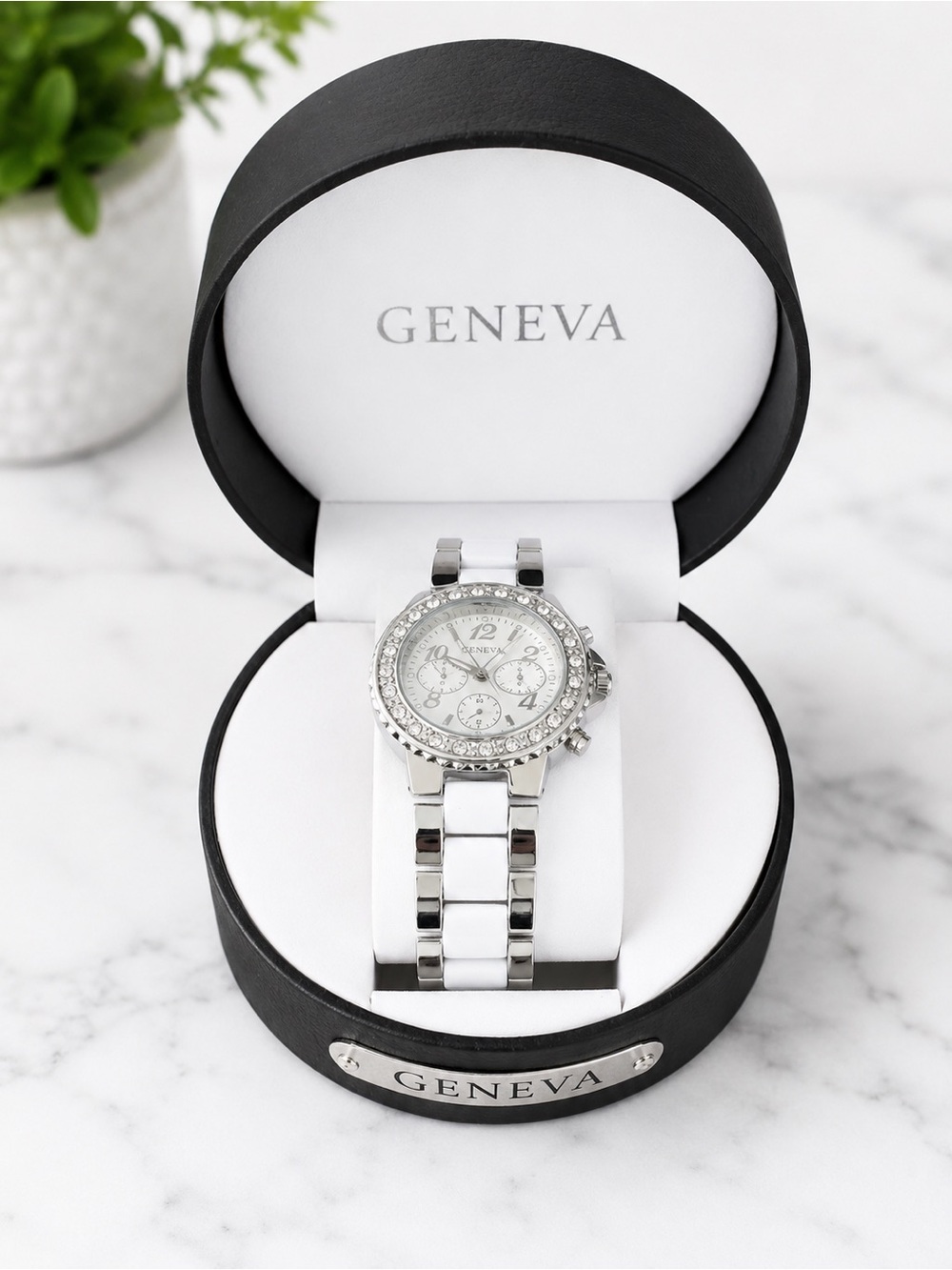 Title: Geneva Women’s Silver & White Rhinestone Watch with Box